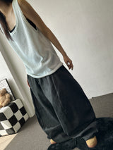 Lever Side Panel Elastic Waist Raw Denim Pants 2color