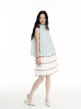 CONFUN dotted texture three-dimensional fabric folded collar ribbon sleeveless necked flower bud top