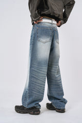 Mend side washed wide denim pants