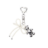 TEDDY BEAR LOGO PEARL RIBBON KEYRING_SILVER