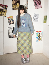 Contrast color tweed check retro high-waisted A-line skirt