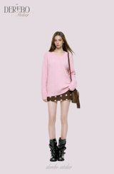 Baby Pink Twisted V-neck Loose Fit Knitwear