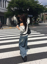 Soa Plain Unbalance Off-Shoulder Short-Sleeve T-Shirt