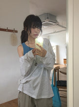 Dre Stripe Summer Button Off-Shoulder Long Sleeve Tee