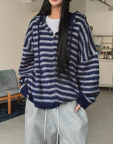 ONZストライプモヘアニットフードジップアップ