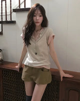 poning balloon fit shirring cotton short pants ( belt set )
