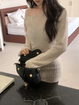 MEU One Off-Shoulder Ribbon Ribbed Knit Dress