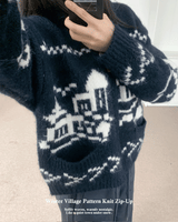Winter Village House Pattern Knit Zip-Up Cardigan (2 colors)