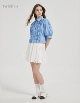 Double ribbon lace banding flare skirt white