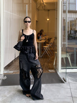 Vintage lace patch black denim pants
