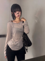 Middle Drape Loose Hooded Long Sleeve T-Shirt 3color