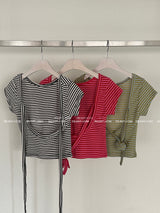 ストライプバックレスリボンクロップショートスリーブTシャツ