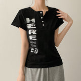 ヘンリーネックスナップレタリングスリムショートスリーブドTシャツ (3 colors)
