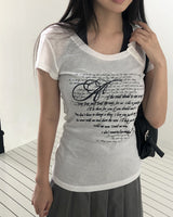 ディエンレタリングプリンテッドボタンショートスリーブTシャツ