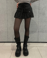 Ribbon string slit button stripe skirt