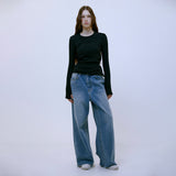 Distressed Wide Denim Pants (BLUE)