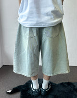 Rise Waist Button Side Pintuck Denim Bermuda Shorts 3color