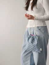 denim ribbon string pouch - light blue L