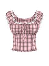 Viola Check Frill Shirred Blouse 231633113