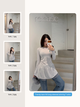 Trendy lace frill long-sleeved shirring T-shirt