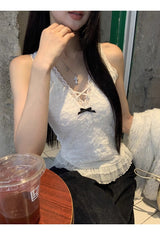 ベストレースVネックフリルスリーブレスTシャツ