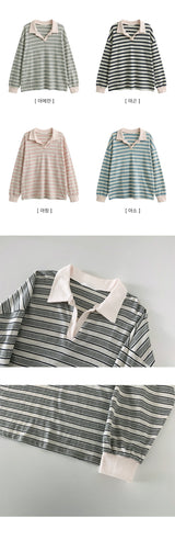Color matching open collar stripe loose fit rugby long sleeve tee 