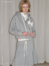 rirri Charcoal Heavyweight 100% Cotton Bow-Detailed Hoodie Set (Zippered Hooded Sweatshirt + Pleated Skirt)