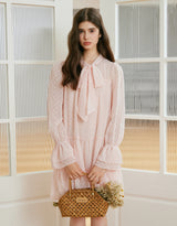 Roas Ribbon Tie Ruffled Shirring Mini Dress Pink