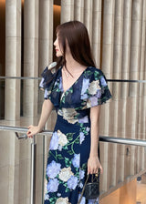 Valia V-neck Flower Span Slit One Piece