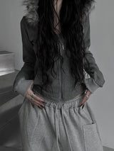 slim fur hood zip-up (fleece-lined / 3color)