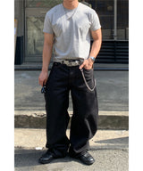 Non-faded curved raw denim pants