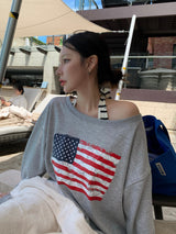 Western American Flag One-Off Shoulder Sweatshirt (6c)