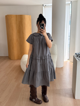 round collar check midi dress 