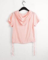 Weving see-through side shirring pleated hooded short-sleeved cardigan