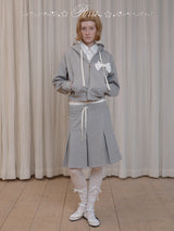 rirri Charcoal Heavyweight 100% Cotton Bow-Detailed Hoodie Set (Zippered Hooded Sweatshirt + Pleated Skirt)