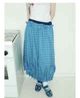 UnsocialNight2025 Autumn New Original Blue Plaid Stitching Casual Flower Flower Skirt Women