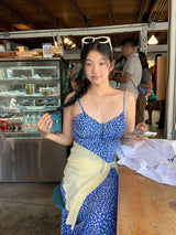 blue floral sleeveless chiffon long dress
