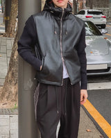 ドント レザー ニット カラー マッチング フード ジップアップ