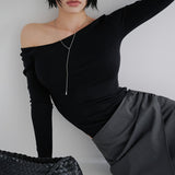 [Modic] Slit One-Shoulder Unbalanced Long-Sleeve T-Shirt - 5 Colors