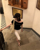 [ORIGINAL] Off-Shoulder Stud Short-Sleeve T-Shirt