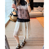 レースフリップレイヤードフェイクツーピースTシャツ