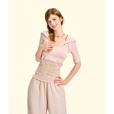 [GirlyFancyClub] Comfortable Lyocell Hollow Lace Patch Pink Sweet and Spicy Hooded Slim Fit T-shirt Top