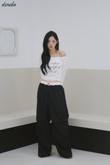 Lace lettering wide casual banding pants