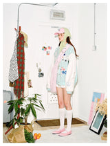 Preppy Accent Mint Cartoon Embroidered Varsity Jacket