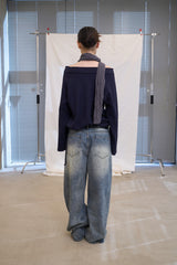 Off Shoulder String Sweatshirt (Navy)