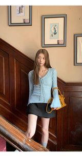 Sky V-neck Lace Bow Long Sleeve T-shirt
