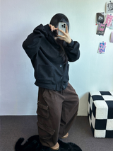 フリース/ストリング ツーカーゴリベットワイドバルーンロングパンツ💚🤎🖤🩶4カラー