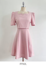 26SS★ Berlin Notch Square-Neck Short Sleeve Tweed Flare One Piece Long