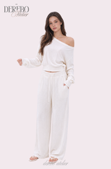 Waffle Asymmetrical Off-Shoulder Sweat Pants Set (TOP+PANTS SET)