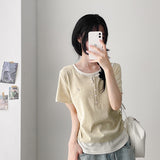 Loose Slim Fit 💫 Coloring Layered U-Neck Shirring Button Daily T-Shirt (6 colors)